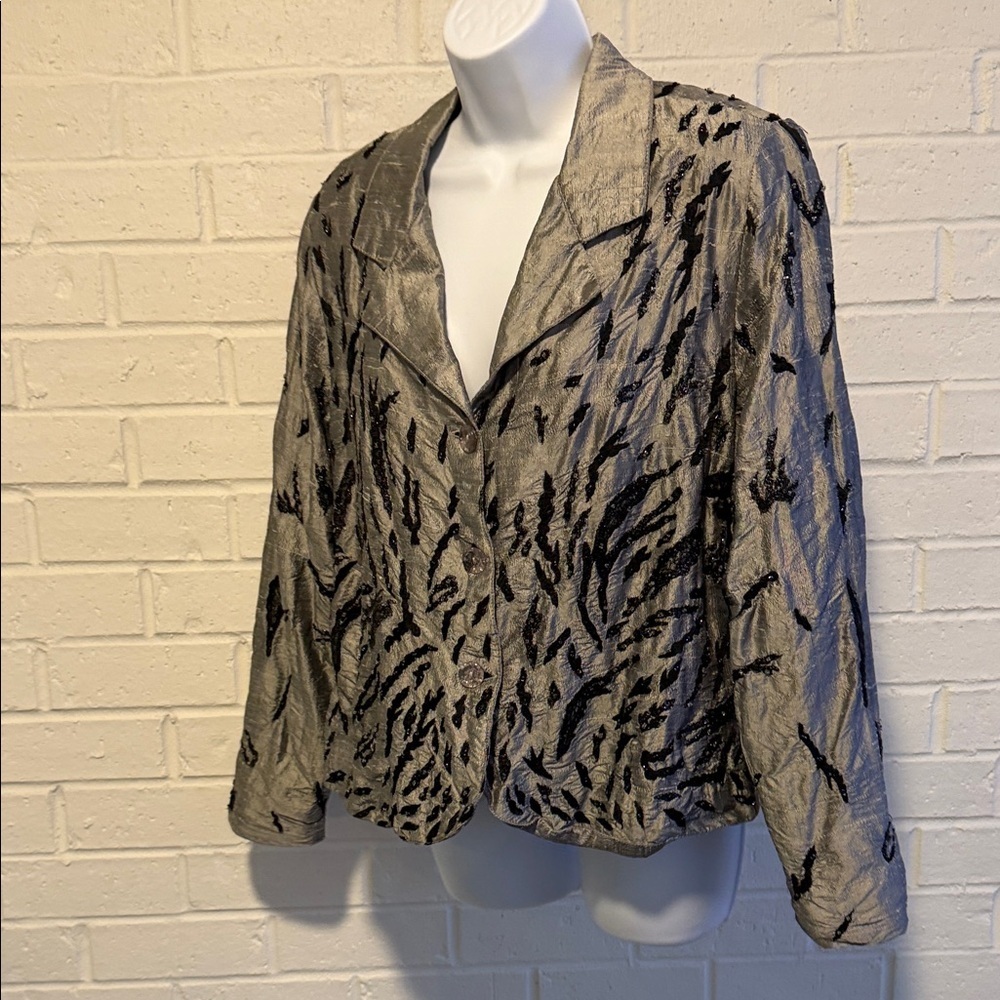Anage  Silk, Silver & Black Patterned Beaded Jacket Clear Buttons Size L Vintage